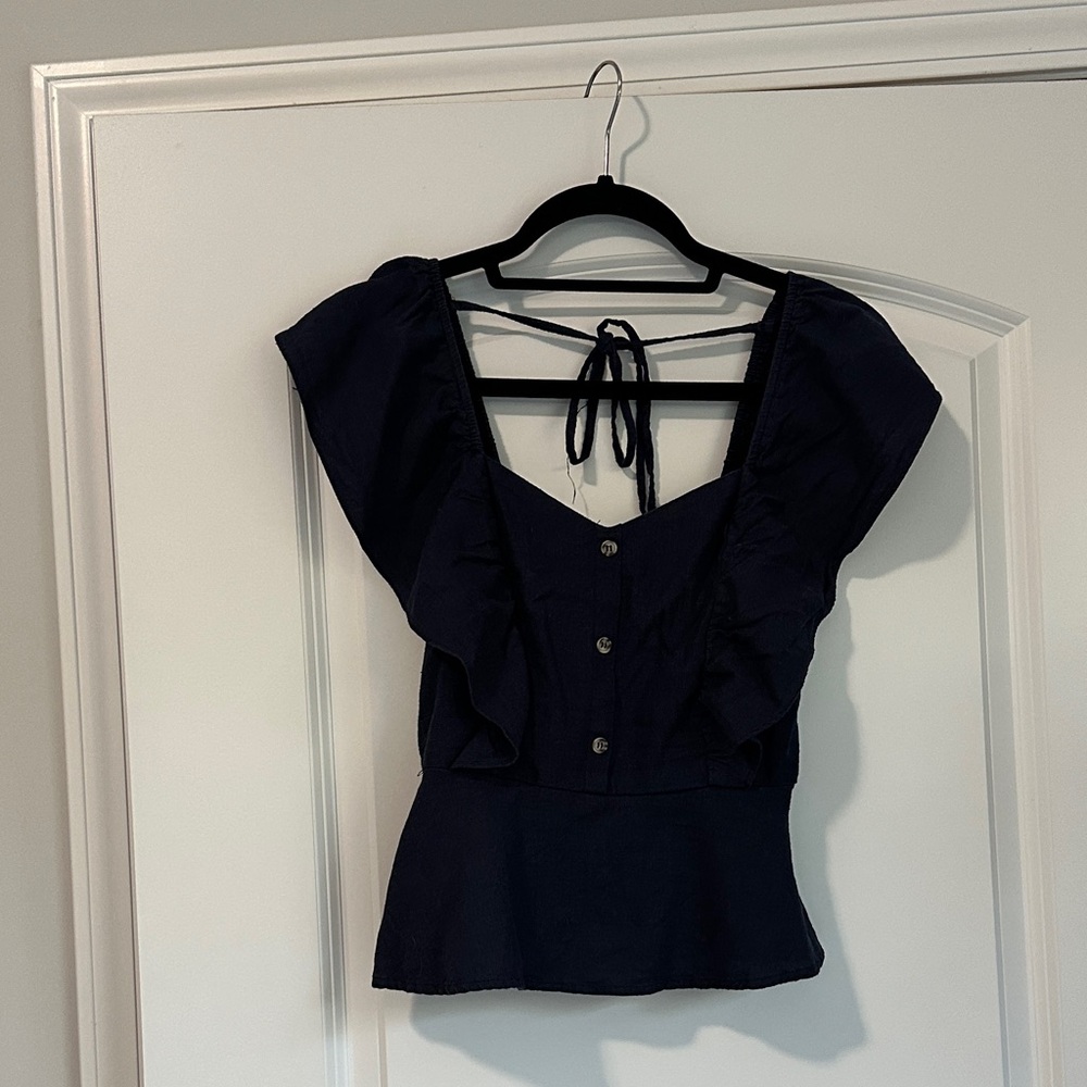 BP Navy Ruffle Sleeve Blouse